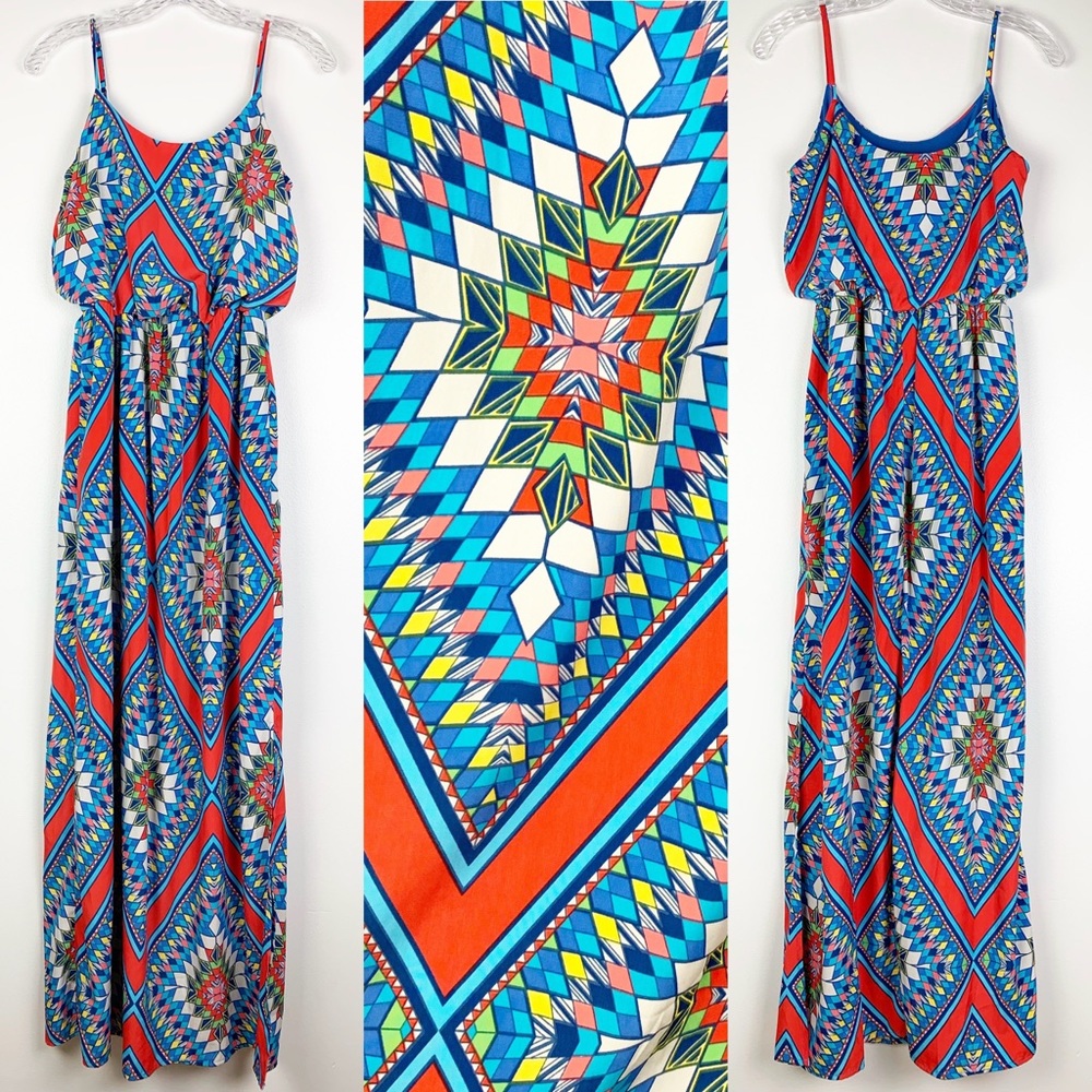Hello Miss Maxi Dress Aztec Diamond Red Blue S